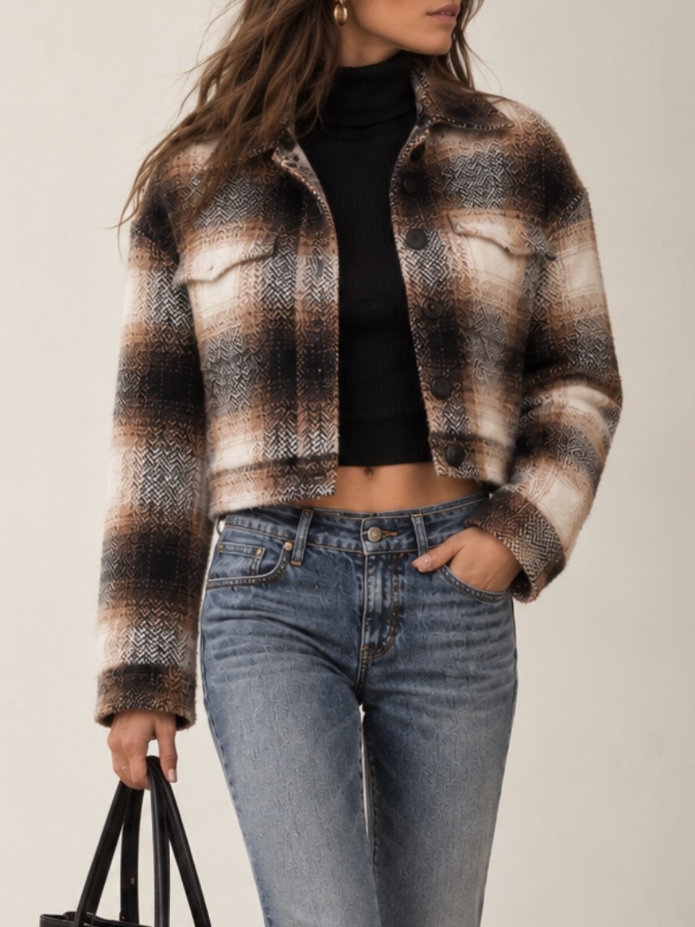 Avec Les Files Brown/Beige/ Blk Plaid Trucker Fleece Cropped Jacket XS